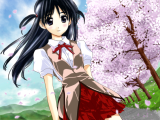 Girl dress tree pinkflowers clouds - anime visual free wallpaper