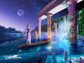Woman boat river waterfall bridge - full free wallpaper