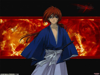 Woman blue kimono sword flames - a red flame free wallpaper