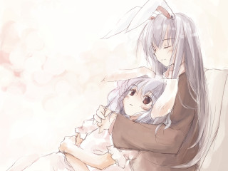 Anime rabbit girls hug couch - soft free wallpaper