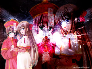 Anime 2girls hologram redpink background - a background free wallpaper