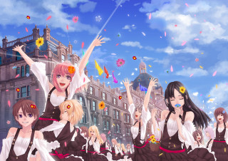 Maid girls confetti streamers cityscape - a city street free wallpaper