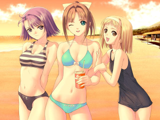 Three girls beach bikinis drink - three girl free wallpaper