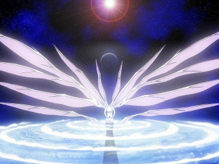 White bird flying over blue 2 - a bright sun in the background free wallpaper