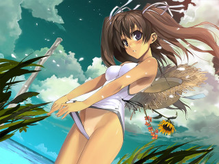 Girl sunflower beach fantastic anime - a white swimsuit free wallpaper