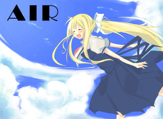 Blonde girl flying blue dress - her chest free wallpaper