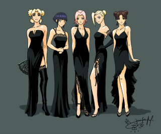 Women black dresses group anime - anime style free wallpaper