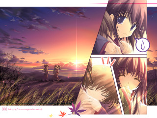 Anime couple kissing autumn sunset - behind them free wallpaper