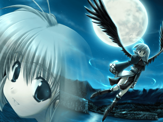 Girl sword flying moon bird - over a body of water free wallpaper