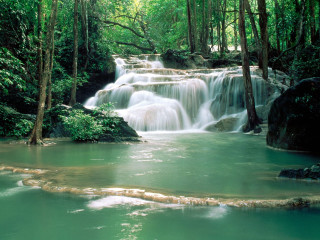 Waterfall forest pool water trees - impressionist free wallpaper