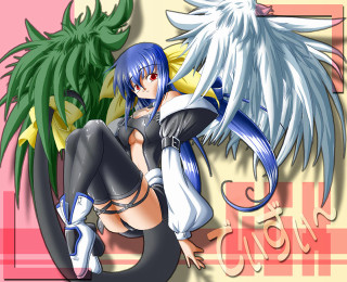 Blue haired woman wings pink - a palm tree in the background free wallpaper
