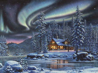 Cabin woods aurora borealis lake - a cabin free wallpaper