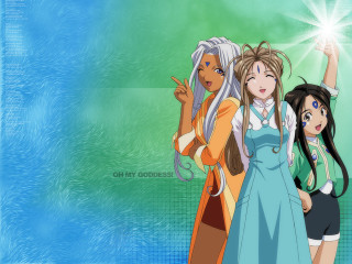 Three anime girls blue background - anime visual free wallpaper