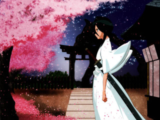 Woman white dress pink tree 2 - a man in the background free wallpaper