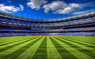 Baseball stadium green field blue 2 - blue sky in the background free wallpaper