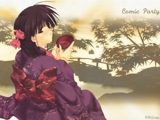 Purple dress woman holding comb - her hand and a tree in the background free wallpaper