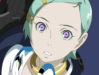 Blue haired green eyed eve - her face and chest free wallpaper
