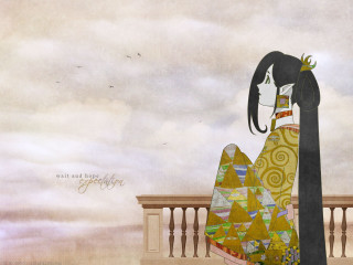 Woman colorful dress balcony sky - a balcony free wallpaper