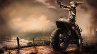 Woman motorcycle gun city background - her hand and a city in the background free wallpaper