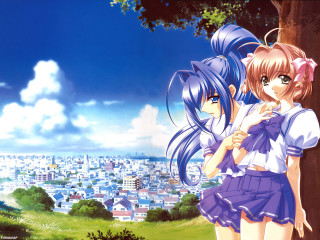 Anime girls cityscape blue hair - a tree in the foreground free wallpaper