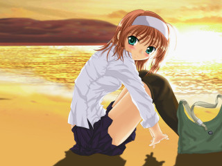 Beach sunset girl anime pleated - front free wallpaper