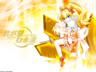 Blonde anime girl bow sitting - a yellow object free wallpaper