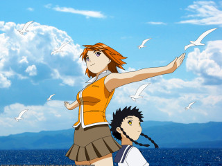 Girl boy water birds sky - anime visual free wallpaper