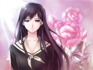 Girl bowtie pinkroses anime serafuku - long hair and a bow tie free wallpaper