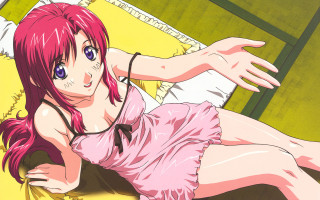 Pink haired woman laying bed - white shirt free wallpaper