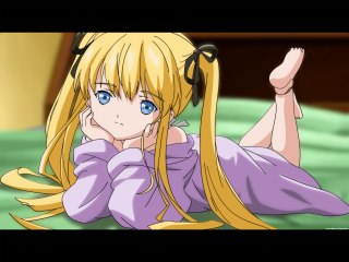 Blonde girl laying on bed - her stomach free wallpaper