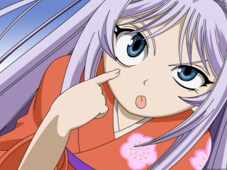 Girl purple hair blue eyes 2 - a pink shirt free wallpaper