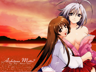 Anime girls hugging sunset mountain - sots art free wallpaper