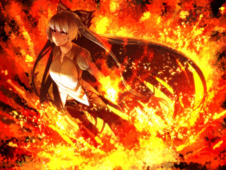 Woman white dress surrounded fire - her arm free wallpaper