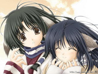 Anime girls hug scarves sky - their hand together free wallpaper