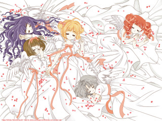 Anime girls bed wings hearts - top of a bed together free wallpaper