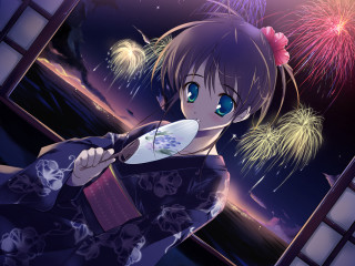 Girl kimono fireworks city view - a view of a city free wallpaper
