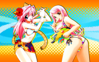 Pink hair anime girls cat - their back free wallpaper