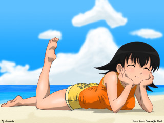 Beach cartoon girl anime relaxing - her arm behind her head free wallpaper
