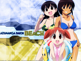 Three anime girls beach bikinis 4 - a blue sky background free wallpaper