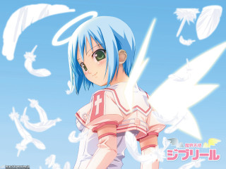 Anime bluehair greeneyes angelic wings - a blue sky background free wallpaper