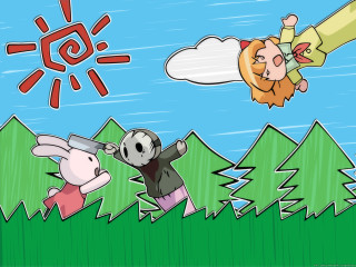 Flying man pencil rabbit chasing - a cartoon of a man free wallpaper