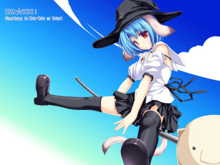 Blue hair witch riding broom - free halloween wallpaper