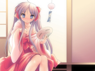 Woman red dress sitting fan - net art free wallpaper