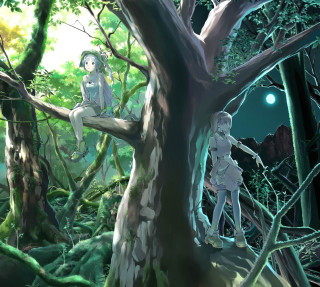 Moonlit forest girls sitting in - night time free wallpaper