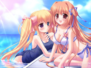 Anime girls surfboard water blonde - their back free wallpaper