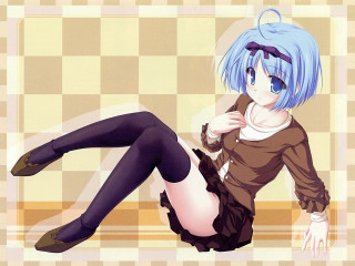 Bluehair woman checkered floor crossedlegs - floor free wallpaper