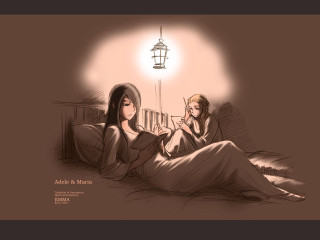 Romantic illustration two women couch - warm free wallpaper