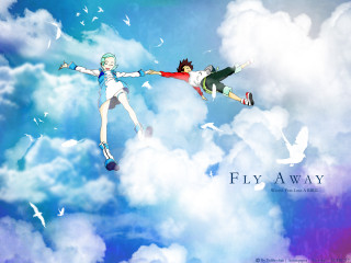 Flying children birds cloudy sky - two person free wallpaper