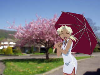 Blonde woman red umbrella cherry - cel free wallpaper