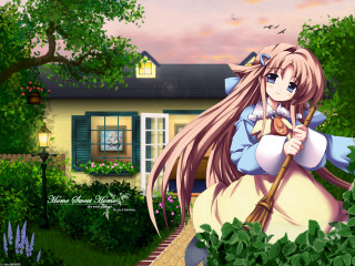 Girl broom street garden anime - the street in front free wallpaper